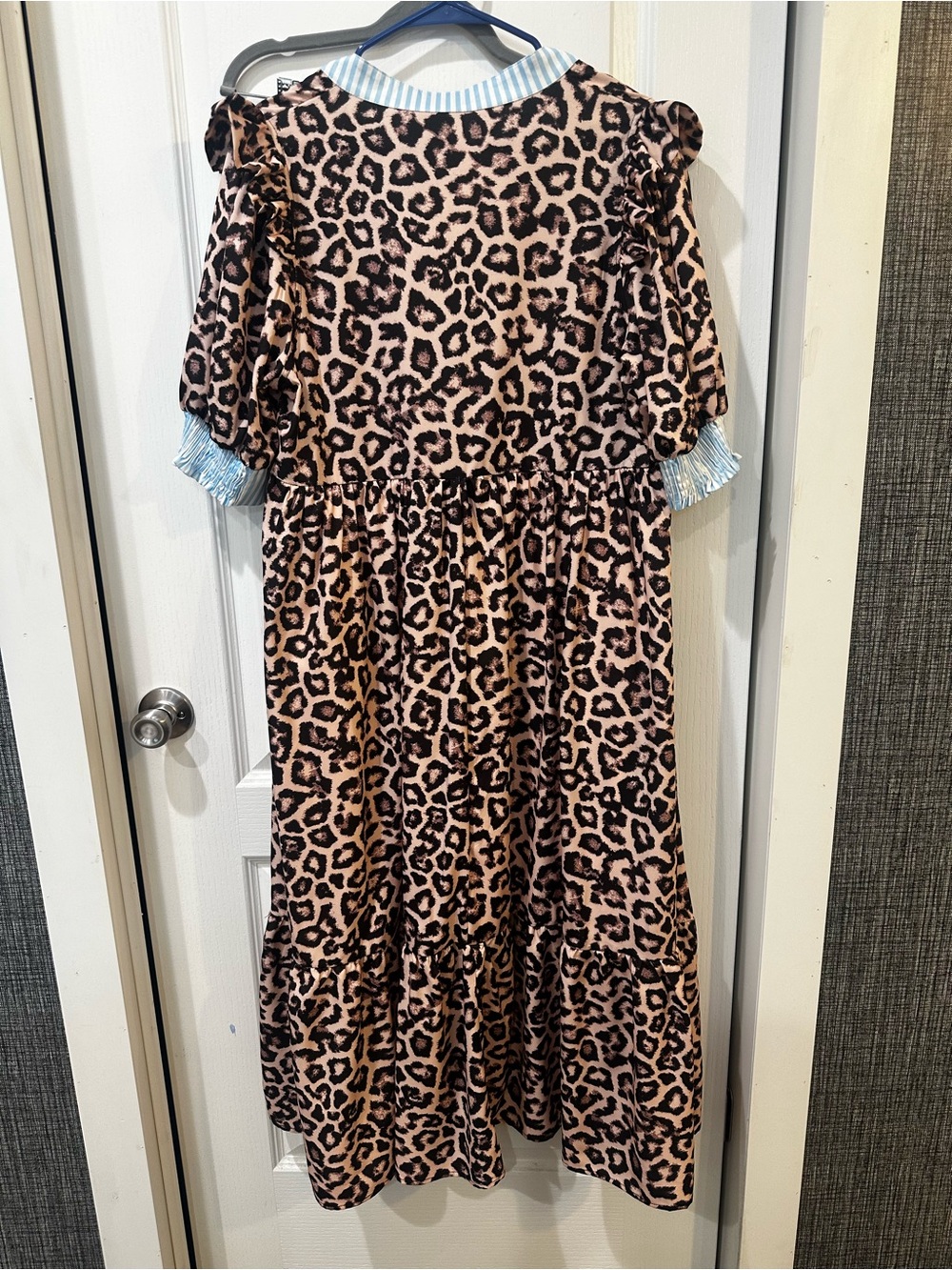 Women’s Leopard Print Tiered Dress with Blue Stripe Trim - Picture 4 of 4